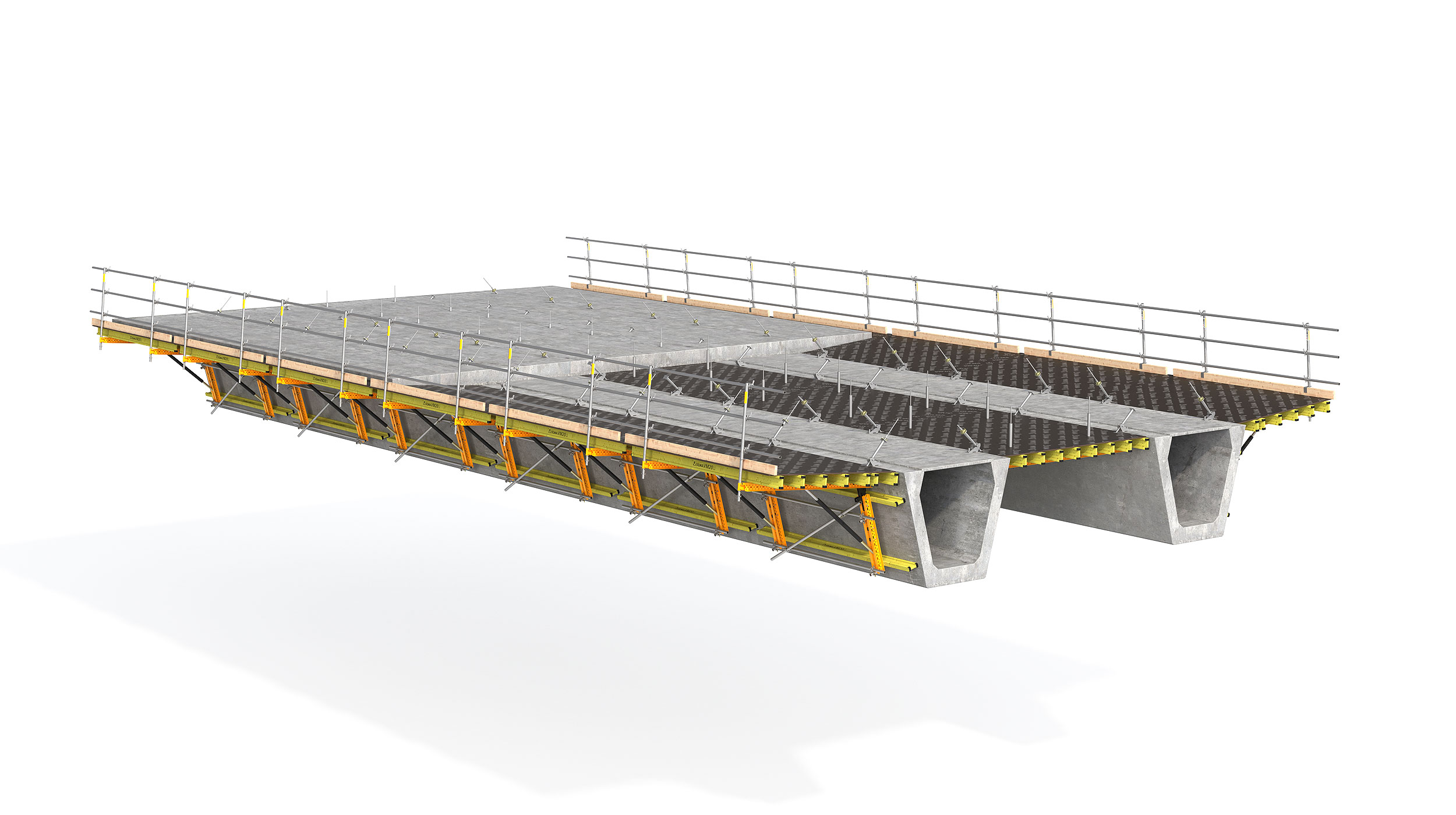 Encofrado modular para hormigonar las alas o losa central de puentes con núcleo metálico u hormigón prefabricado. Característica destacable: la seguridad del sistema.