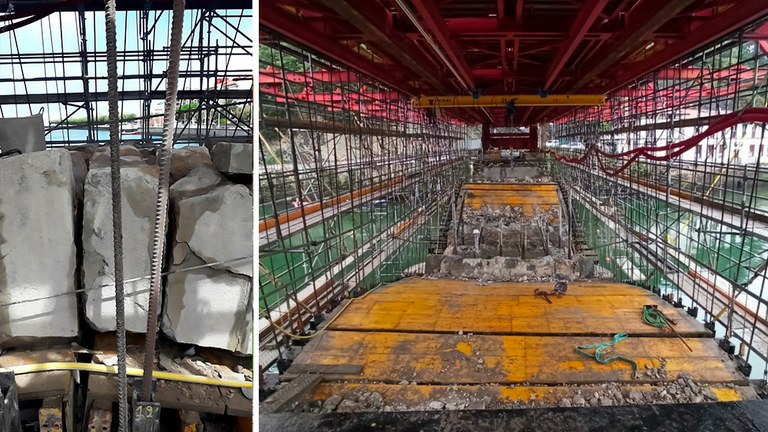 13_14_BLOG_Puente Debaportada_Espana_ULMA_Construction Momento de apertura de la clave y extracción completa de las dovelas.