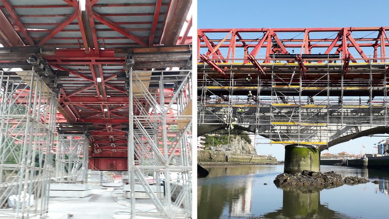 4_5_BLOG_Puente Debaportada_Espana_ULMA_Construction Cimbra autolanzable CA55 sobre torres de cimbra OC  y con andamio multidireccional instalado.